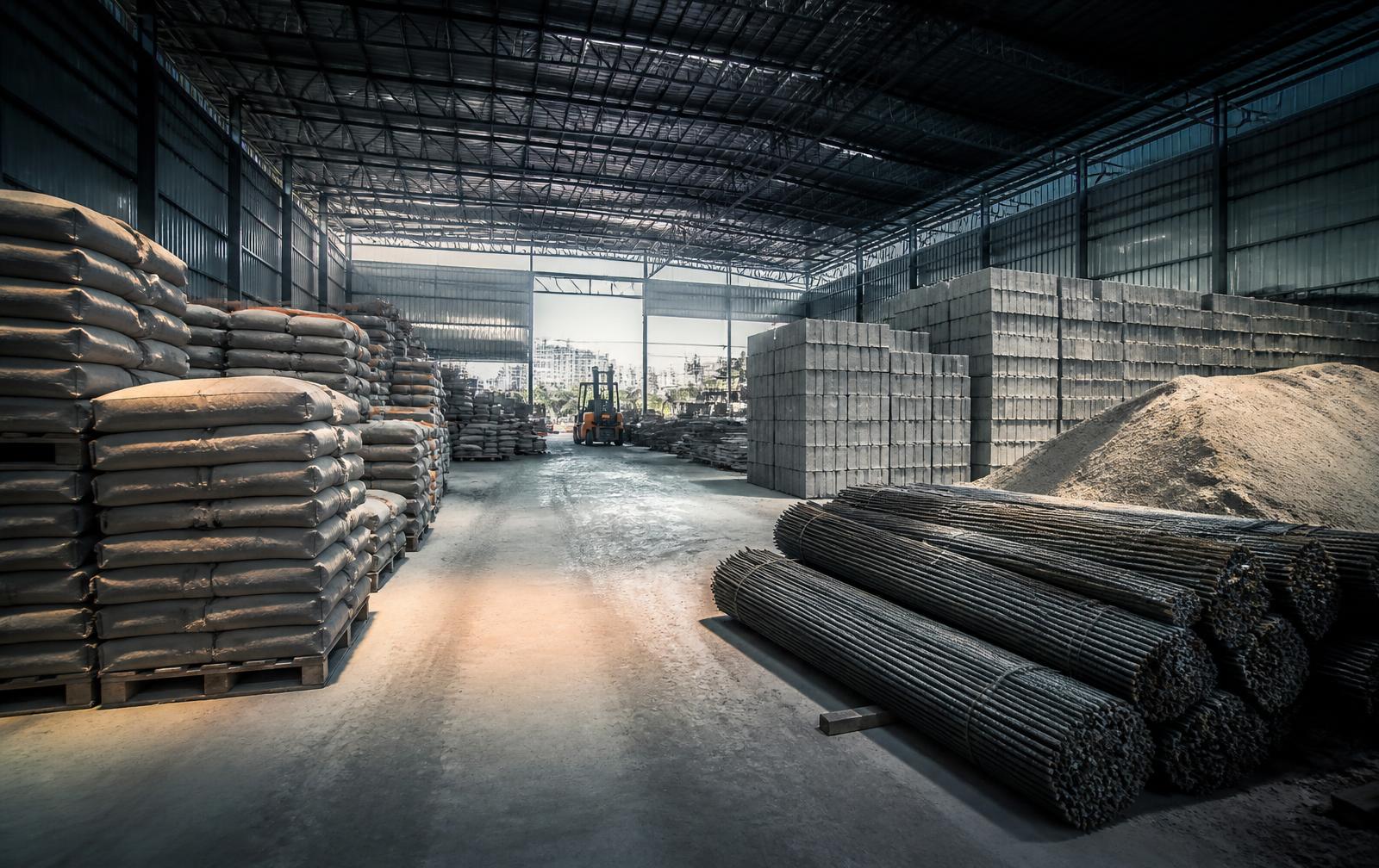 Depósito de materiales de construcción con sacos de cemento, bloques y cabillas